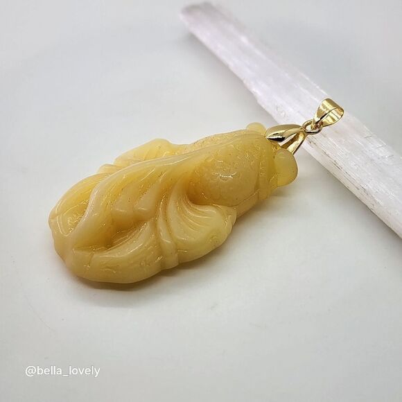 Large Handmade Carved Yellow Jade Goldfish Pendant with Gold Bail - Picture 3 of 5